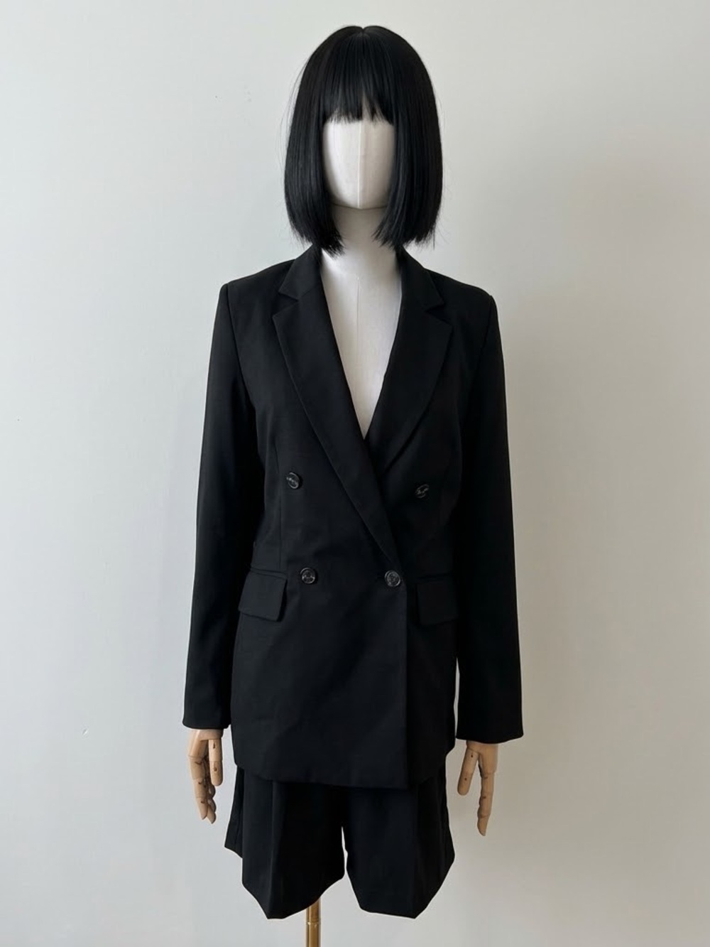 H&M Black Double Breasted Longline Blazer Bermuda Shorts Suit Set XS